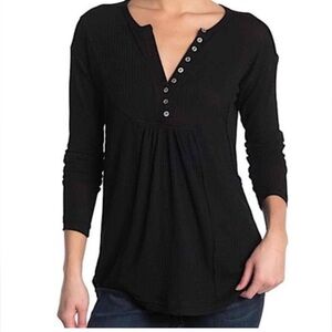 Free People Waffle Knit Long Sleeve Henley Top in Black